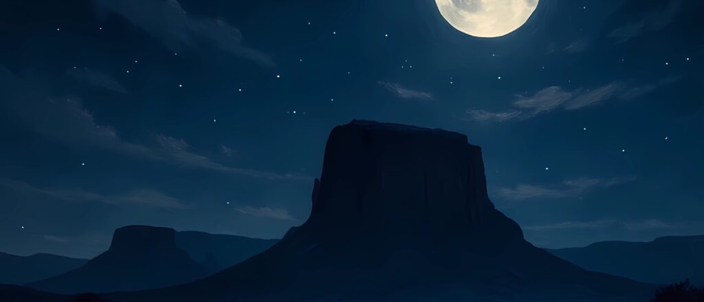 Nighttime desert artwork for the Midnight Mesa origins