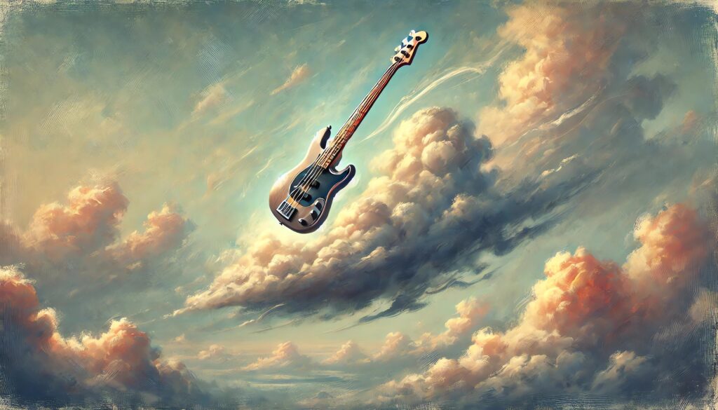 A simulated oil painting of an electric bass floating in the clouds.