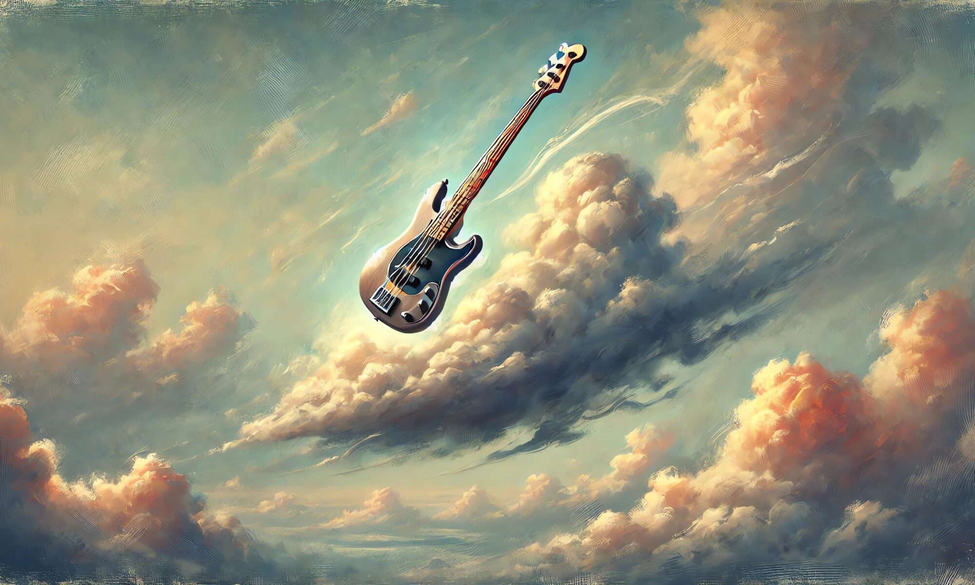A simulated oil painting of an electric bass floating in the clouds.