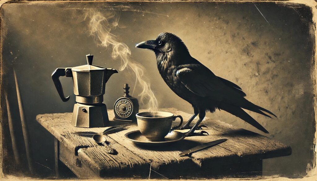 An antiqued photograph of a crow on a table with a cup of coffee.