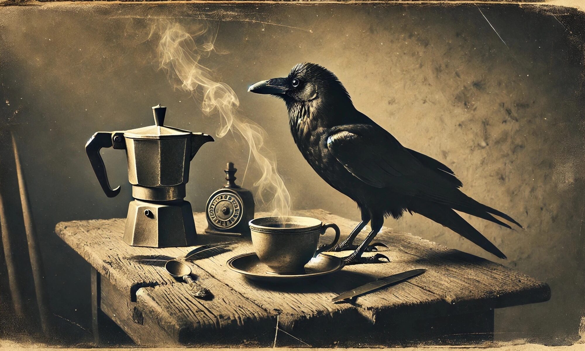 An antiqued photograph of a crow on a table with a cup of coffee.